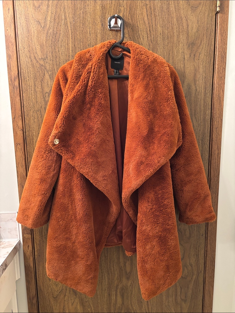 Forever 21 Plush Open-Front Teddy Coat - Rust Orange